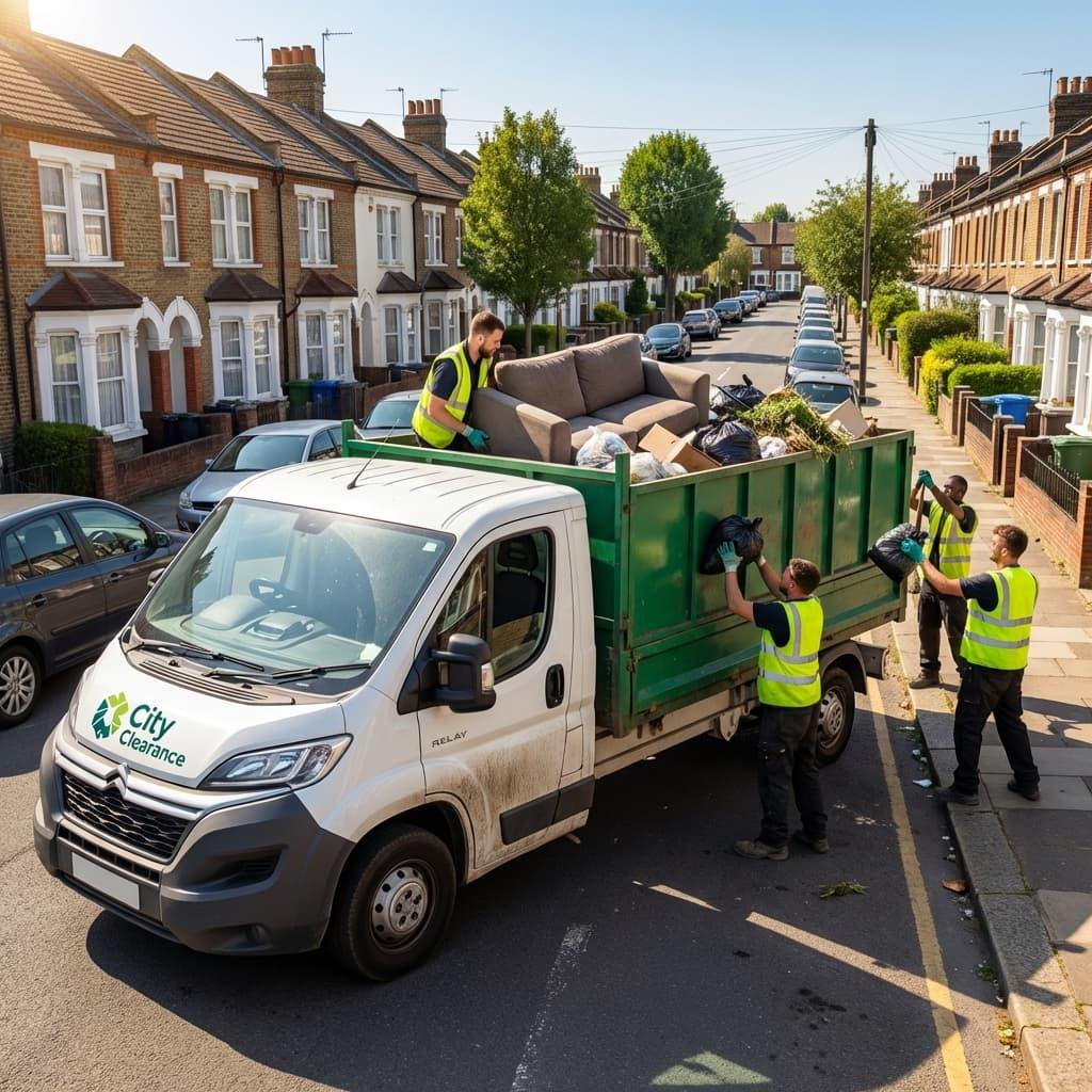 Rubbish removal van and crew working in London